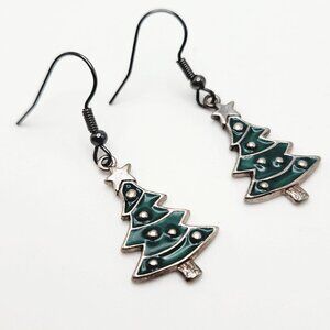 Vintage Shube's Manufacturing 925 Silver Christmas Tree Holiday Hook Earrings